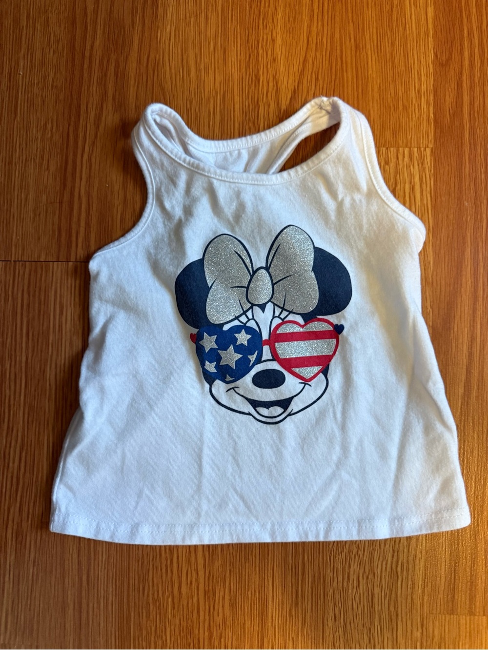 Girls White Minnie Mouse Tank Top with Patriotic Heart Sunglasses